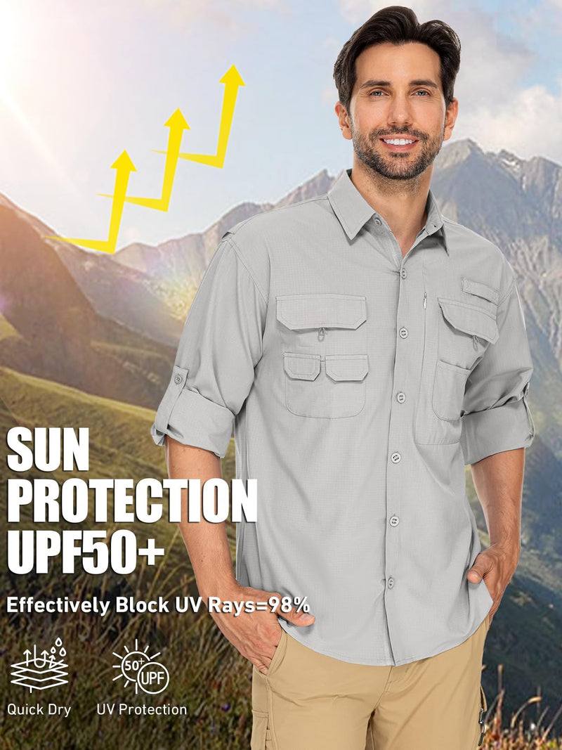 linlon Mens Safari Shirts Long Sleeve UV Protection Hiking Fishing UPF 50+ Quick Dry Cooling Camping Travel Shirts Medium Grey