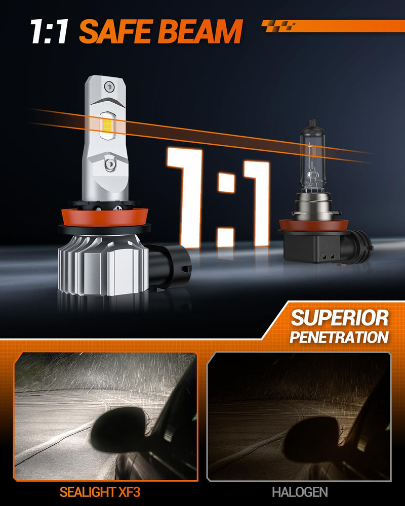 SEALIGHT H11 LED Fog Light Bulbs, 44000LM H8 H16 H11 LED Bulbs 6500K Cool White, 360° Adjustable Ring, Non-Polarity, IP68 Waterproof, Pack of 2 XF3 H11