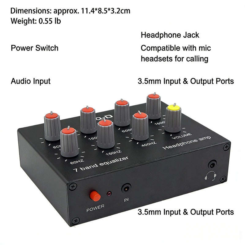 EQ-7 Mini 7 Band Equalizer and Headphone Amp, RCA 3.5mm Input | TL074 and NE5532 chips, level knobs, 16 to 600 ohm drive, for home audio, speaker, and gaming setups.