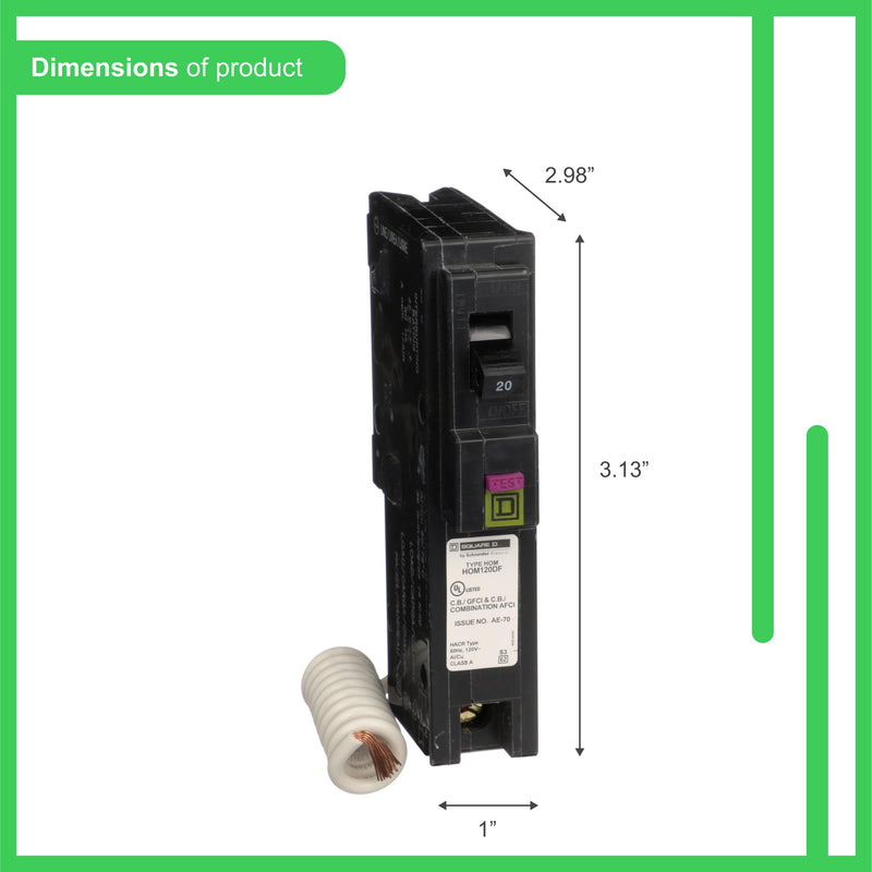 Square D by Schneider Electric Homeline 20 Amp Mini Circuit Breaker, 1 Pole, 120V AC, 10kA Breaking Capacity, Plug in Mount, Combo ARC/Ground Fault, Residential Use (HOM120DFC) 1" format