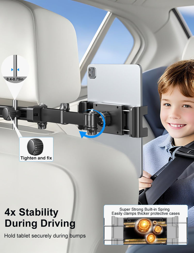 PLDHPRO Tablet Holder for Car Headrest, Backseat iPad Mount with Foldable Extension Arm, Road Trip Accessories for Kids, Fits 5.5-14.6" Tablets & Phones, iPad Pro Air Mini, Galaxy Tab, Fire HD