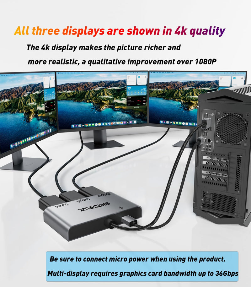 DisplayPort to HDMI Splitter for 3 Monitors Adapter |4K@60Hz| HDMI Splitter Extended Display 1 in 3 Out MST Hub for Multiple Monitor Compatible with PC,NVIDIA/AMD Graphic Card DP to 3×HDMI
