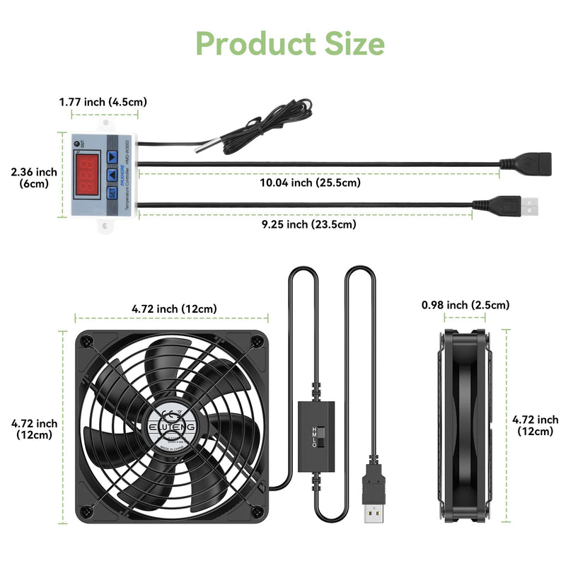 ELUTENG USB Fan 120mm with Digital Temperature Controller, 5V USB Powered PC Computer Fan 1500RPM 3 Adjustable Speeds Electronic Cooling Lufter with Metal Grill for Laptop/TV Box/AV Cabinet/PS5/Router