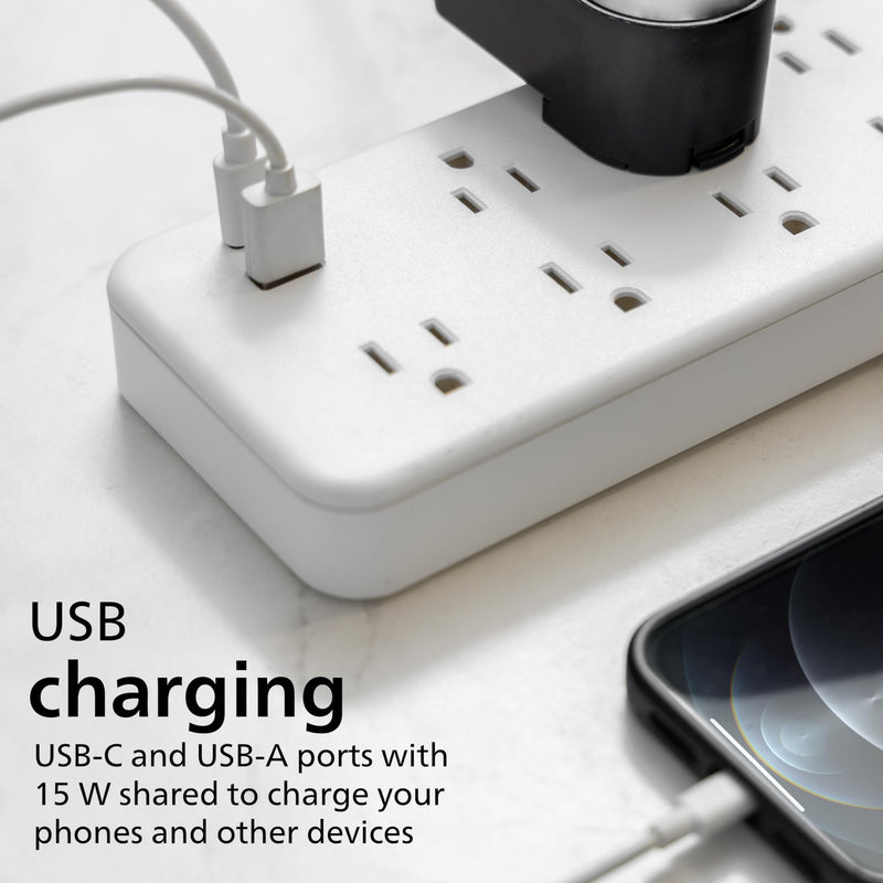 Philips 7-Outlet Surge Protector with USB Charging, 6ft Braided Extension Cord, 1USB-A, 1USB-C, 1500J, Adapter Spaced, Outlet Extender Power Strip, White - SPP3983W/37 7 Outlet | USB | 6 Ft | White