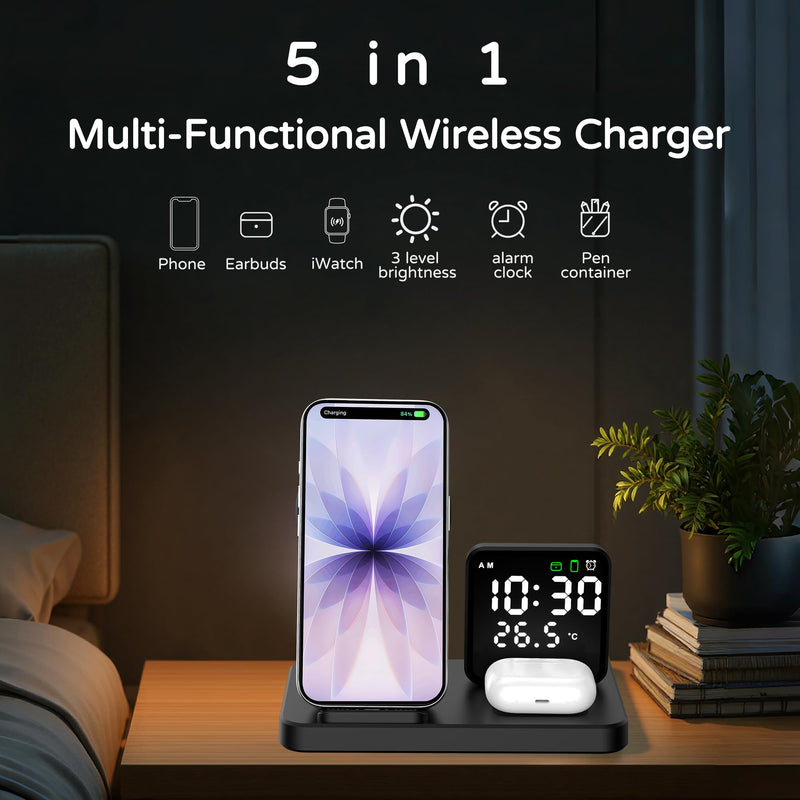 5 in 1 Wireless Charging Station with Alarm Clock Pen Holder, Fast Wireless Charger for iPhone 17/16/15/14/13/12/Pro/Max/Air, for iWatch & AirPods, Charger Stand with Temperature, Snooze Model Black