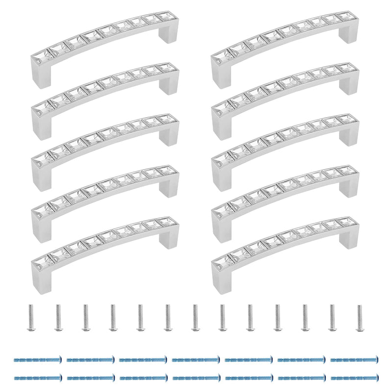 Bivethoi Crystal Drawer Pulls, Rhinestone Handles, 96mm / 3.78" | 10 Pcs, Silver Zinc Alloy, For Kitchen Cupboard Bedroom, Hole Centers 3.78"/96mm,10pcs