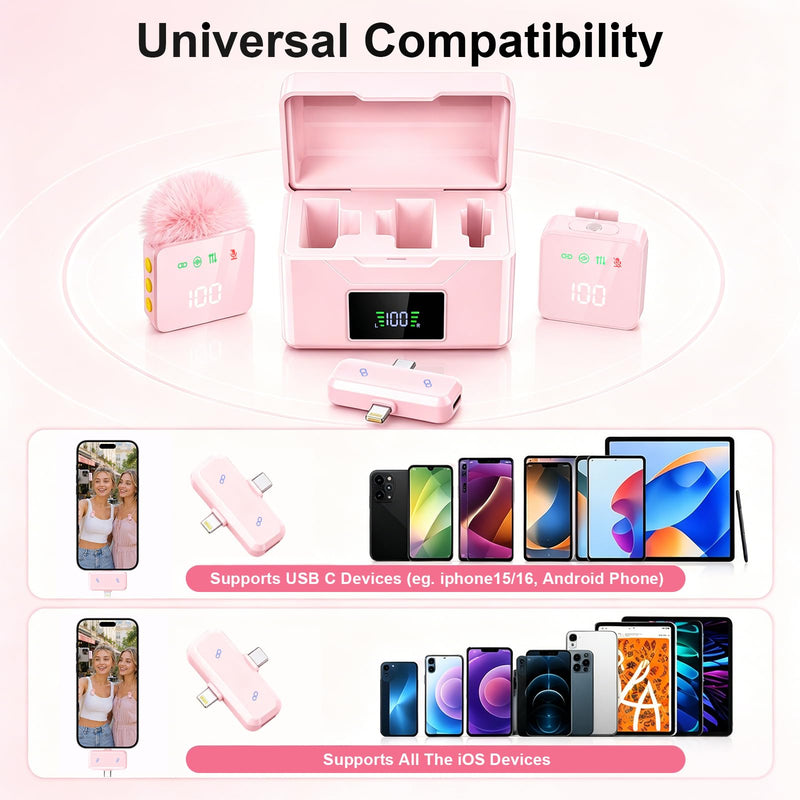 2 Mini Wireless Lavalier Microphones for iPhone & Android, Noise Cancelling, Plug & Play, 60H Battery with Charging Case, Portable Lapel Mic for Content Creators, Podcast, Streaming (Pink) Pink 2