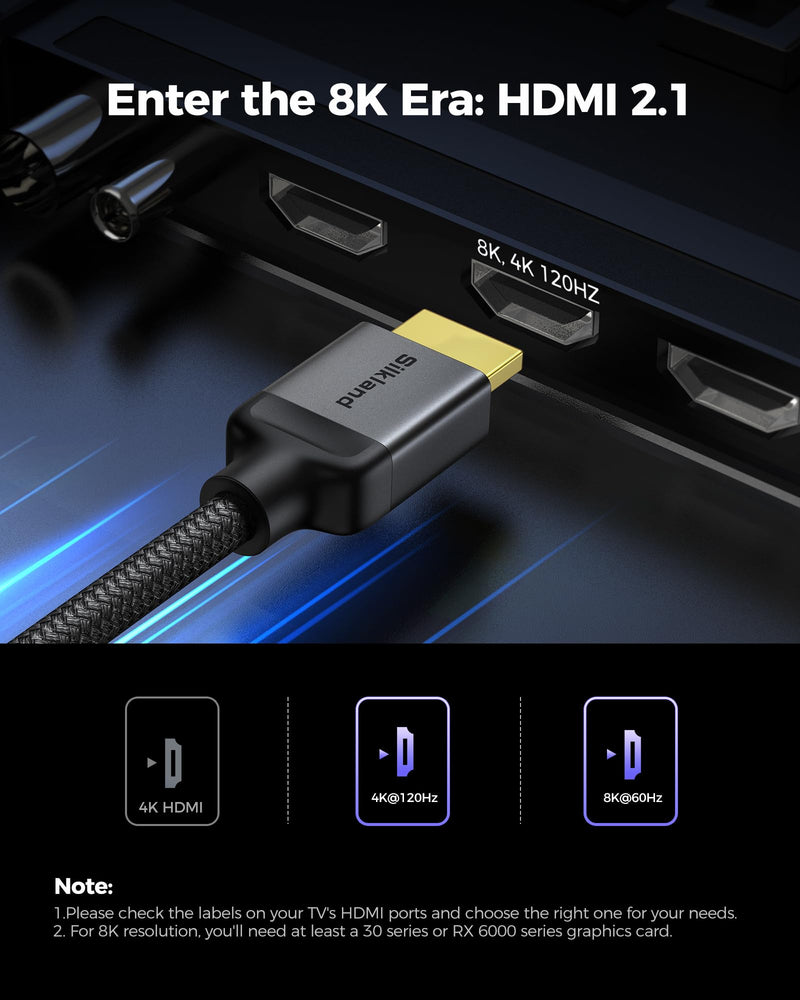 Silkland 10K 8K HDMI 2.1 Cable 2-Pack 10FT, (Upgrade Braided) Certified Ultra High Speed HDMI Cable [8K@60Hz, 4K@120Hz] 48Gbps, HDR, eARC, HDCP 2.2&2.3, Compatible for Soundbar/PS5/Xbox/Roku TV 10 Feet Grey
