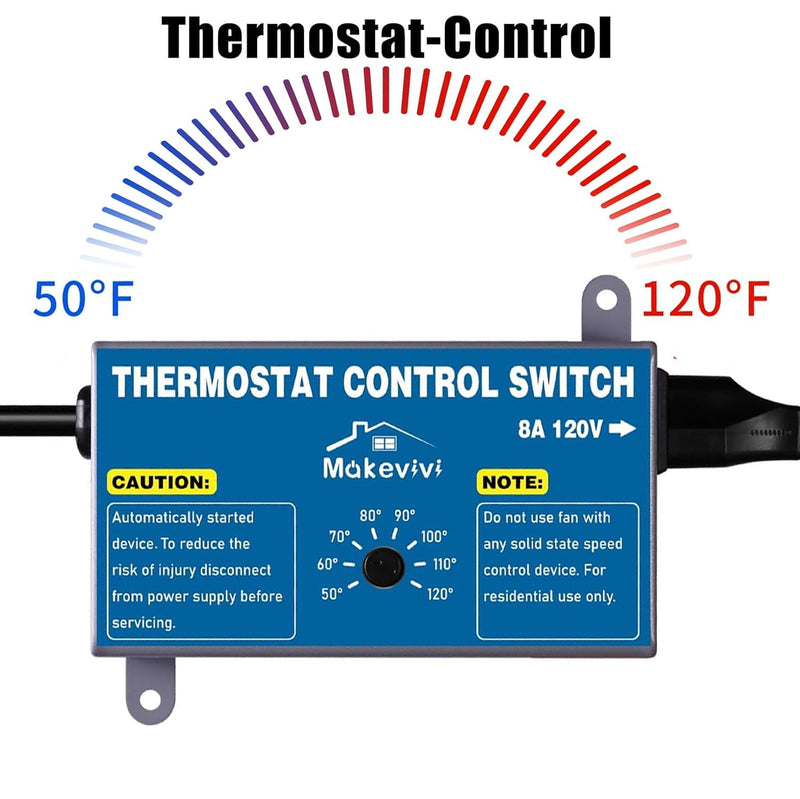 Attic Thermostat, Adjustable Temperature Controller for Attic Fan, with Overload Protection and Outlet, Plug-and-Play Exhaust Fan Thermostat for Greenhouse, Workshop, Garage 1 pack