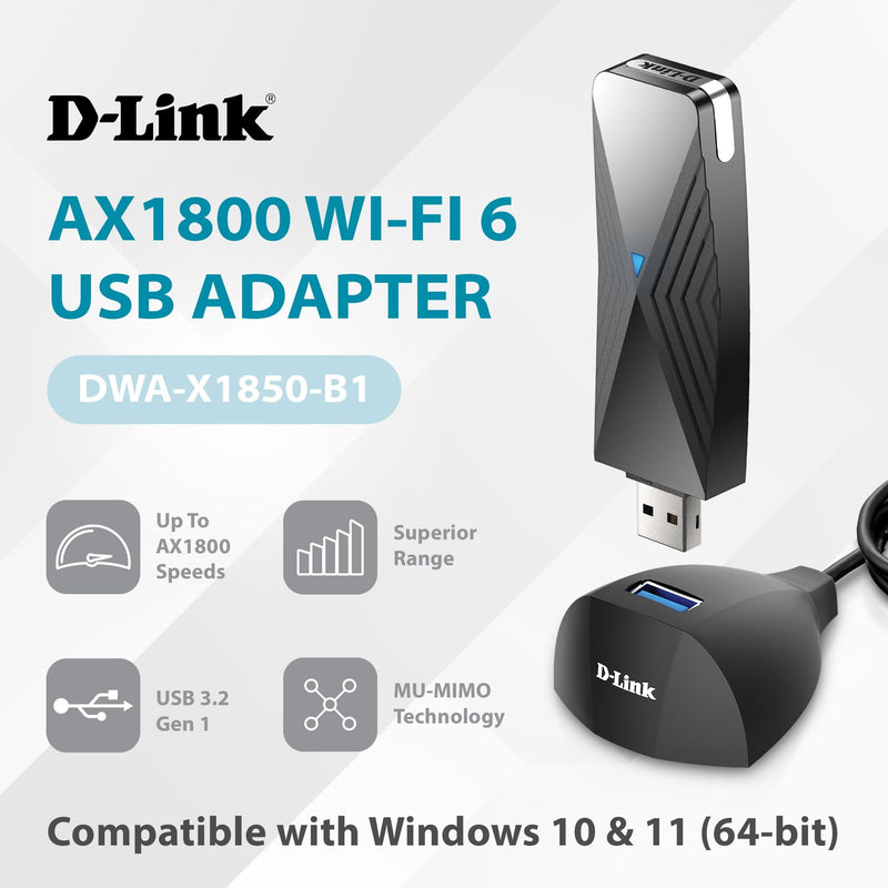 D-Link USB WiFi 6 Adapter AX1800 USB 3.0 Dual Band Long Range MU-MIMO Wireless Internet Network for Desktop PC Laptop Windows (DWA-X1850-B1) Black AX1800 USB Adapter (New)