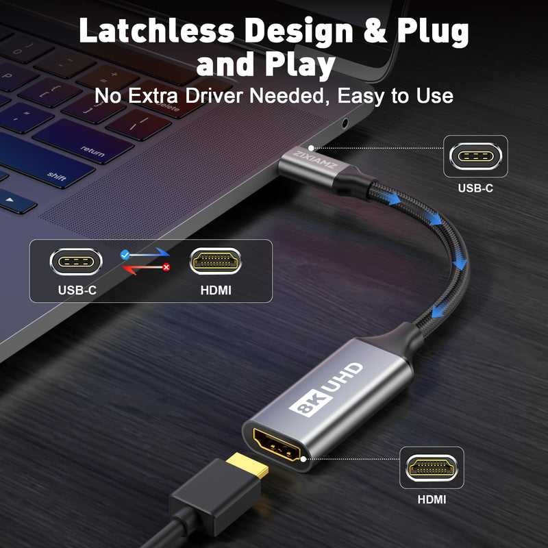 48Gbps Unidirectional USB C to HDMI 2.1 Adapter, 8K@60Hz, 4K@144Hz | High-Speed Type C Thunderboit 5/4/3 to HDMI Converter, Male to Female, for MacBook Pro/Air, XPS, iPad Por, iPhone16/17 Series