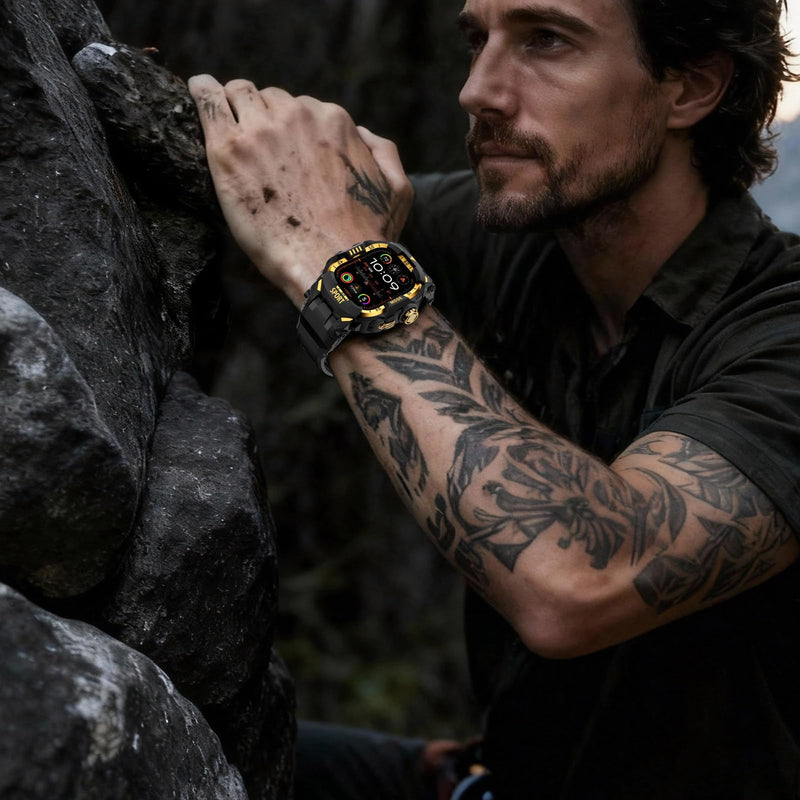 DABAOZA Rugged Case with Band Men Tactical Compatible with Apple Watch 49mm | Screen Protector Military Grade Shockproof Bumper Men Tactical Heavy Duty Strap,for iWatch Ultra 3/2/1,Black Gold 49MM Black/Gold