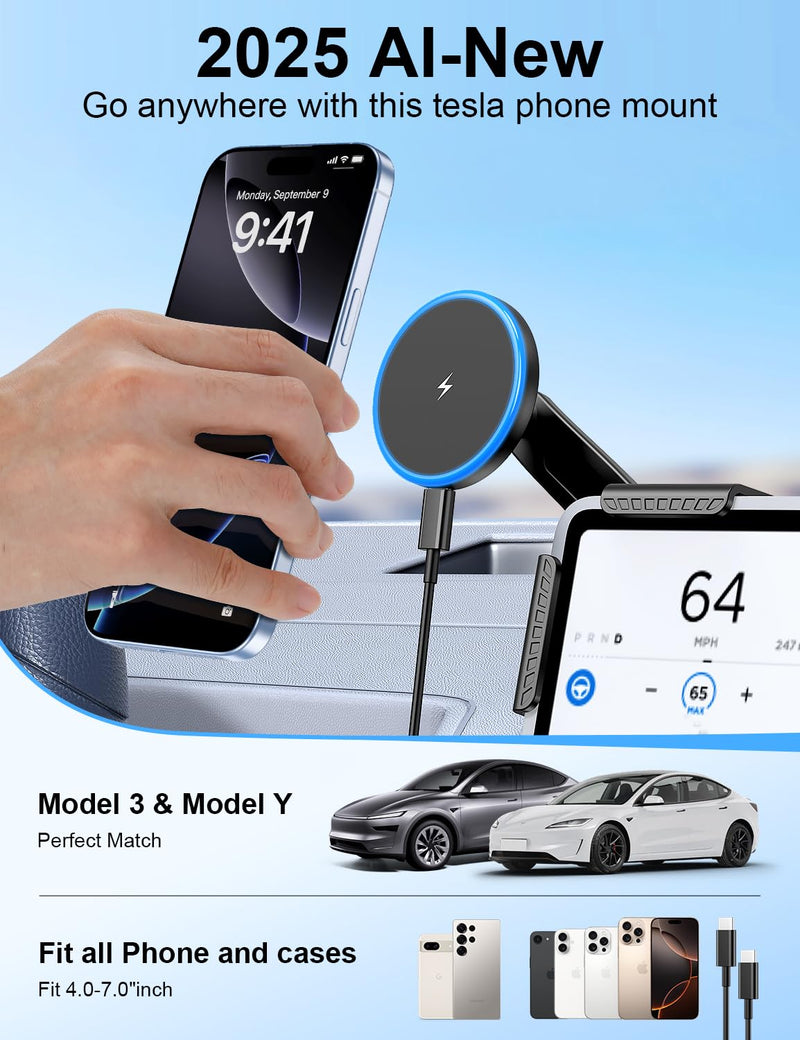 Tesla Car Mount Charger, [Heat Restriction] [LED RGB HandsFree] Wireless Car Phone Holder Charger, Magnetic Phone Holders for Your Car for Tesla Model Y/3/S/X Screen for 16/15/14/13/12 Series