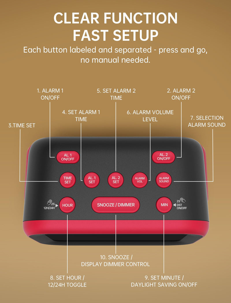 Loud Alarm Clock for Heavy Sleepers: 115dB Dual Alarms with 6 Unique Sounds for Bedroom Dorm Room Use - On-Time Wake Up for Teen College Students - Red Red - Red Digits