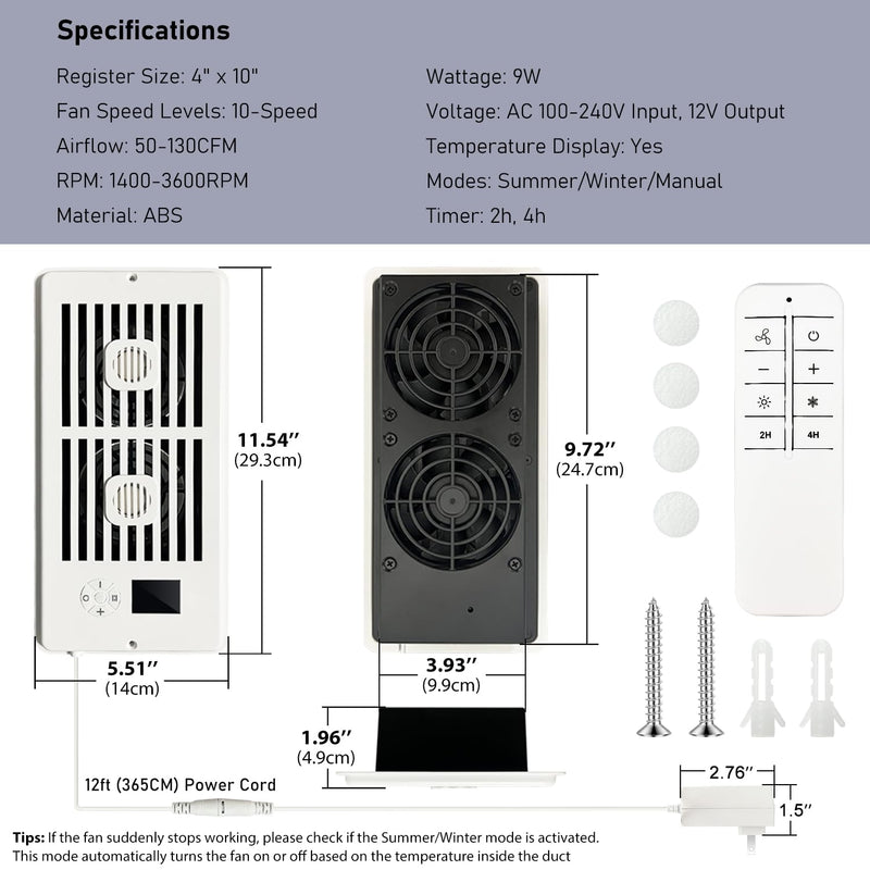 Smart Register Booster Fan for 4" x 10" Vents, Vent Fan Booster (White) | 2 Scent Diffuser Slots, 10-Speed, Remote Control, 3-Mode, LCD Screen, Thermostat Control, Improves Uneven Heating and Cooling White 4'' x 10''
