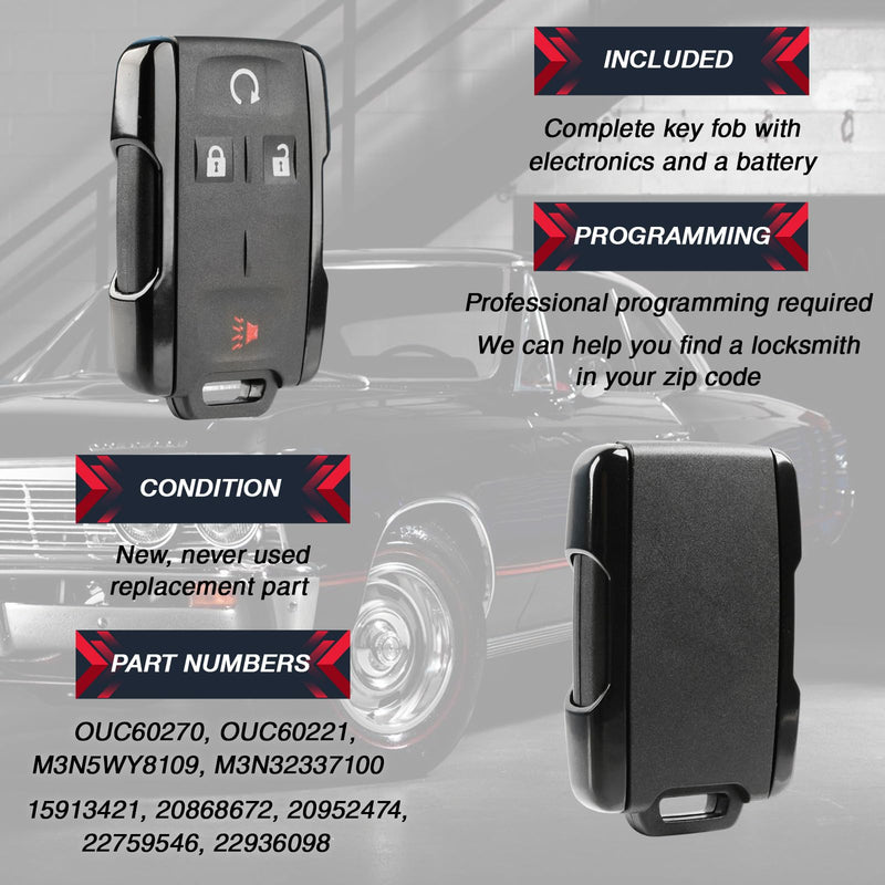 2X Car Keyless Entry 4-Button Remote-Start Remote Replacement with Aftermarket Key for 2014 2015 2016 2017 2018 2019 Chevrolet Colorado Silverado Suburban Tahoe GMC Canyon Sierra Yukon (M3N32337100) Two