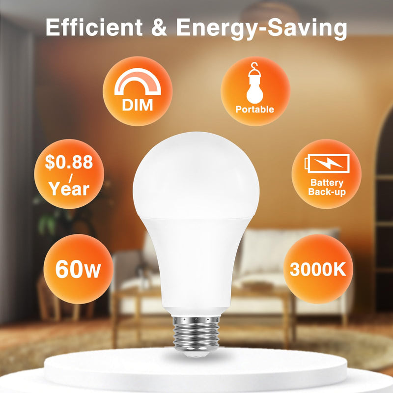 SYLVANIA LED Rechargeable Light Bulbs, A21 Battery Operated Light Bulb, 60W = 7.3W, Indoor/Outdoor Emergency Light Bulbs, 800 LMS, 3000K, Soft White, Hanging Accessories Included - 4 Pack (42687) 3000K Neutral White