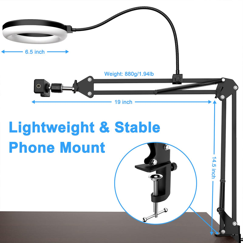 Overhead Camera Mount with Ring Light, 6‘’ Overhead Phone Mount Compatible with iPhone Camera Webcam, Articulating Arm Phone Mount for YouTube Live Stream Cooking Nail Video Recording 6"Light