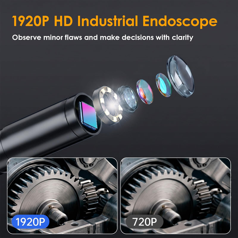 1920P HD Endoscope Camera with Light, IP67 Waterproof Borescope Snake Camera Semi-Rigid Sewer Camera 8 LED Inspection Endoscope Camera for iPhone Android Automotive Pipe, 16.4FT Single Lens Single Lens 16.4FT