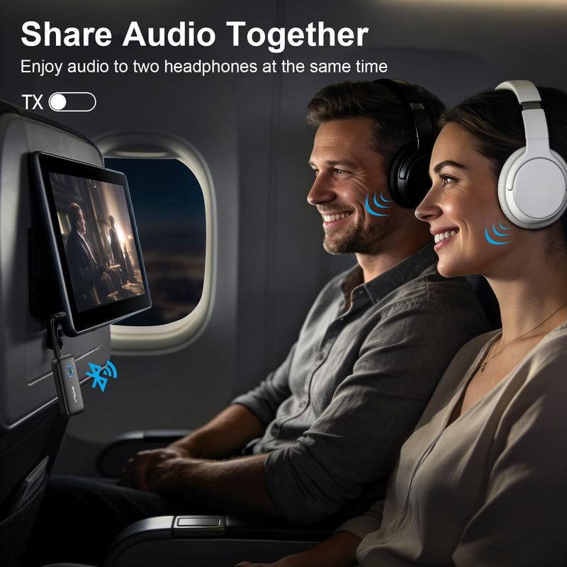YMOO Airplane Bluetooth Adapter for AirPods, Bluetooth Transmitter Receiver | for TV, with aptX Adaptive & Low Latency, 3.5mm Aux Wireless Audio Adapter for 2 Headphones, Airplane Travel Essentials Black
