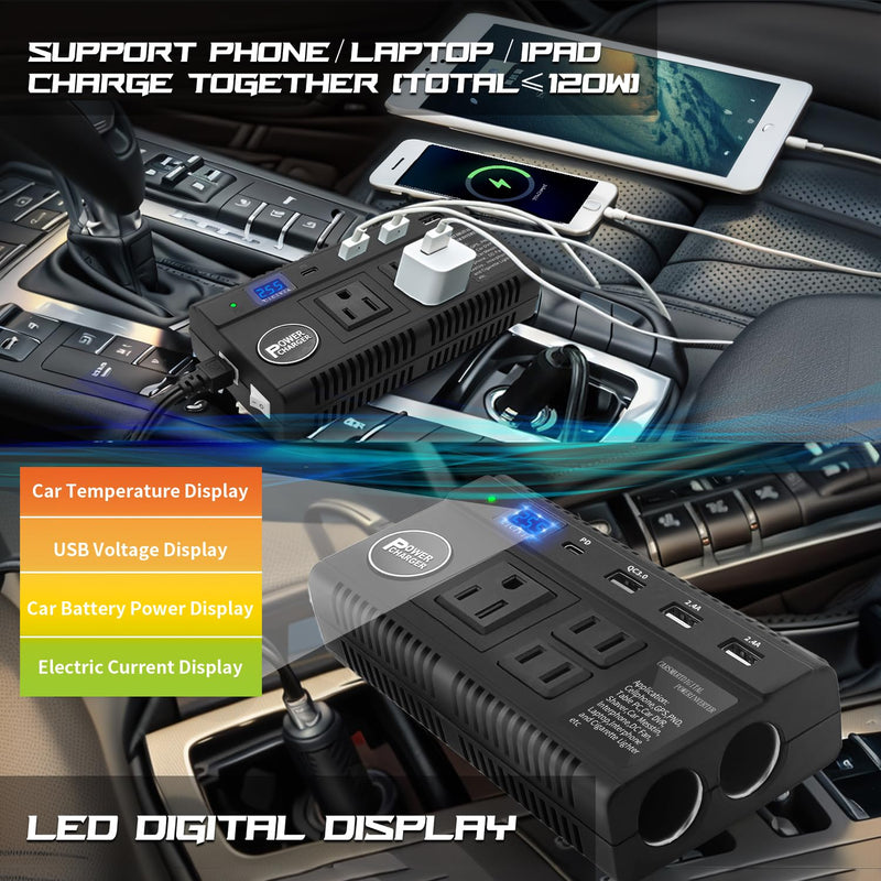 Car Power Inverter 120W DC 12V 24V to AC 110V Car Charger Adapter with 3 AC Outlets Dual Cigarette Lighter 4 USB Ports Charger Quick Charging 3.0 for Phones Tablets Laptops Kindle (Black) Black