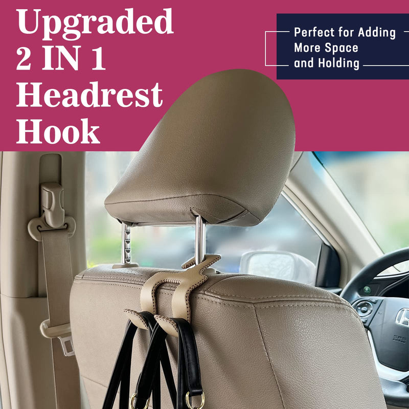 Upgraded Headrest Hooks for Car, 2 in 1 Back Seat Purse Holder Hook Genuine Leather Head Rest Hangers Vehicle Organizer Accessories for Hanging Grocery Bags, 1 Pack, Beige Style B - Beige 1 Pack