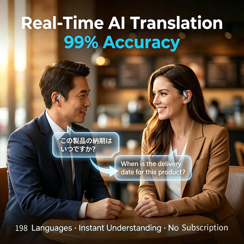 AI Translation Earbuds Real Time - Translator Headphones 198 Languages, Audifonos Traductores Inglés Español Translating Earbuds Wireless Bluetooth 6.1 for Travel, Meeting & Learning - Classic Black