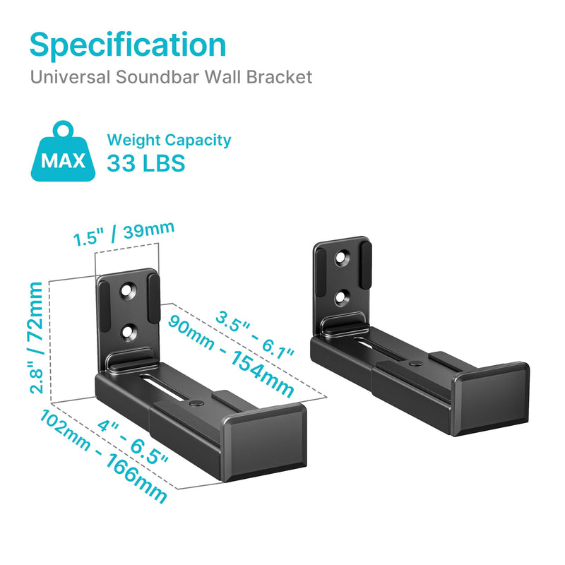 Soundbar Wall Mount,33lbs Capacity,Adjustable Depth Height from 3.5" to 6.1",Soundbar Mounts Under TV for Wall, Black
