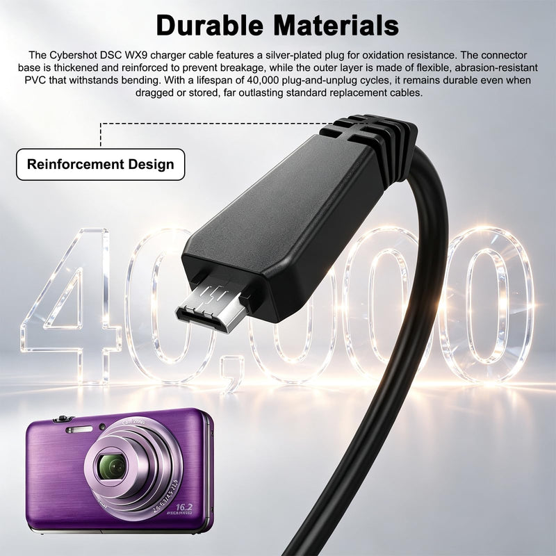 VMC-MD3 USB Data and Charger Cable Compatible with Sony Cyber-Shot DSC-W350 W360 W380 W390 W560 W570 WX7 WX9 WX30 H70 TX100 TX66 Digital Camera, VMC-MD3 USB Cable for PC, Laptops, 4.9ft