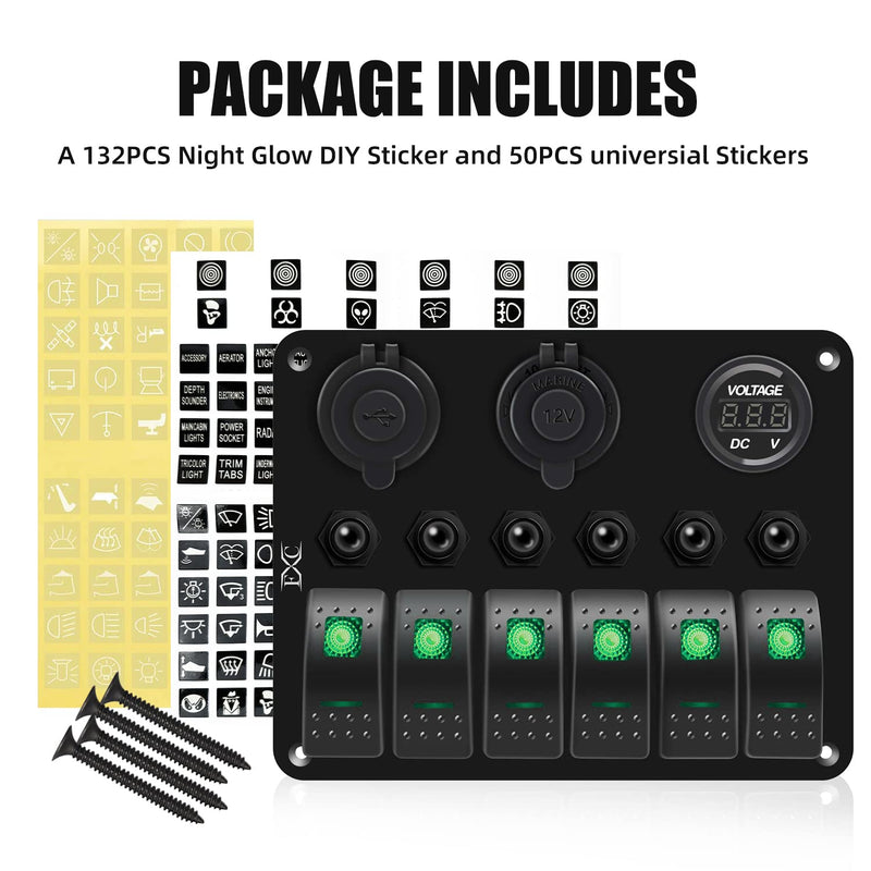 FXC Waterproof Marine Boat Rocker Switch Panel 6 Gang with QC3.0 USB & Type-C Slot Socket + Cigarette Lighter +LED Voltmeter with Overload Protection for Car Rv Vehicles Truck (6 Gang Green LED)