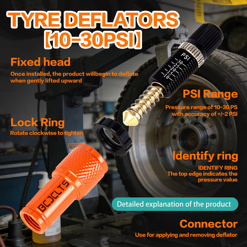 Adjustable Auto-Stop Tire Deflator Valve Kit (10-30 PSI) Tire Air Down Tool Offroad 4x4 Screw-on Automatic Tire Deflators. (4, Orange) 4