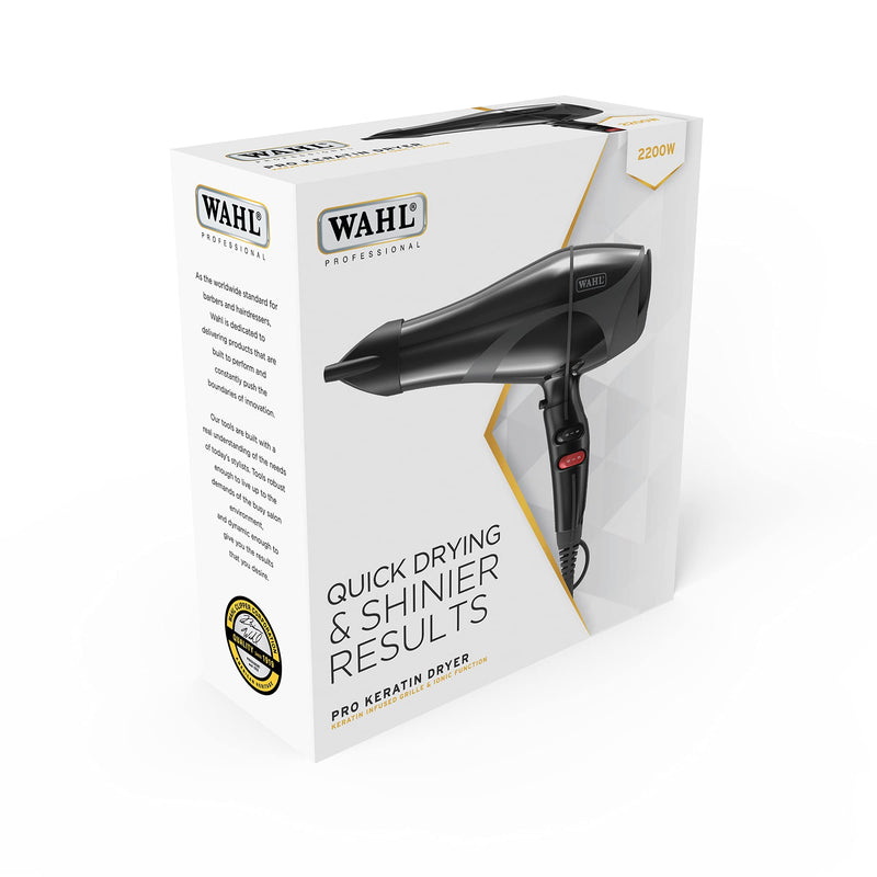 Wahl Pro Keratin Dryer - Black, 2200 Watt, Ionic Reduces Static and Frizz, Keratin Infused tourmaline Coated Grille, 3 Heat and 2 Speed Settings, Concentrator and Wide Nozzles