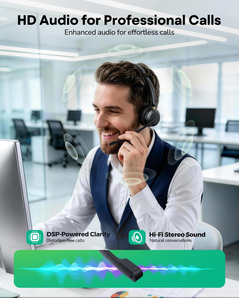 Wireless Headset with Mic for Work,Bluetooth Headset for Calls & Meetings | Bluetooth 5.3 & USB Dongle for Laptop, PC, iPhone & Android, Office & Call Center Headset for Remote Hybrid Worker Black