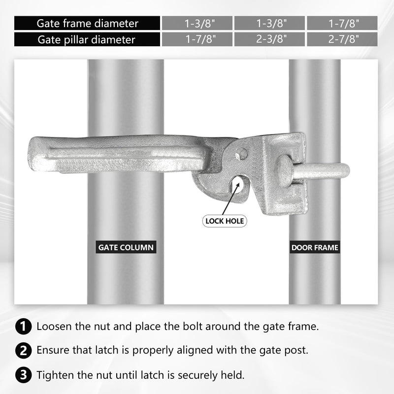 1-7/8" x 2-7/8" Chain Link Fence Gate Fork Latch, Commercial Heavy Duty, Malleable， Galvanized Farm Fence Lock with Hole for Padlock (1-7/8" x 2-7/8")