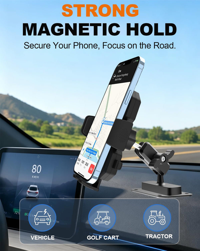 Magnetic Phone Mount for Metal Surfaces with 360° Adjustable Arm | Strong N52 magnetic base with 360° adjustment for secure hands-free phone viewing on vehicles and metal surfaces.