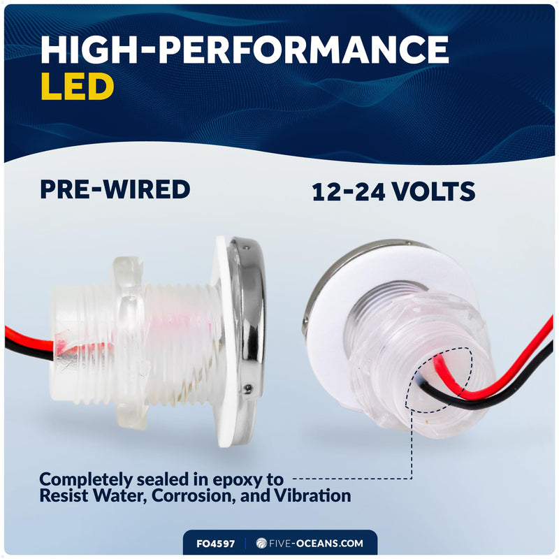 Five Oceans LED Boat Courtesy Lights, 1-5/16-Inch Round, 316 Stainless Steel Half Cover, IP68 Waterproof, Blue, 12V, Thru-Hull Mount for Livewell & Underwater Light on Boats - FO4597 1-5/16" Round Half-Moon Cover, Blue LED, 1-Pack