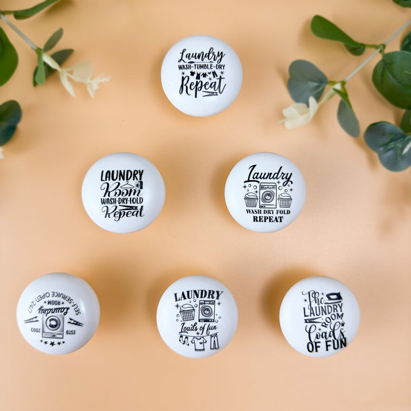 Set of 6 Ceramic Vintage Laundry Room Cabinet Drawer Knobs Black and White Furniture Cabinet Handles or Pulls 1.5 x 1.5 Inche