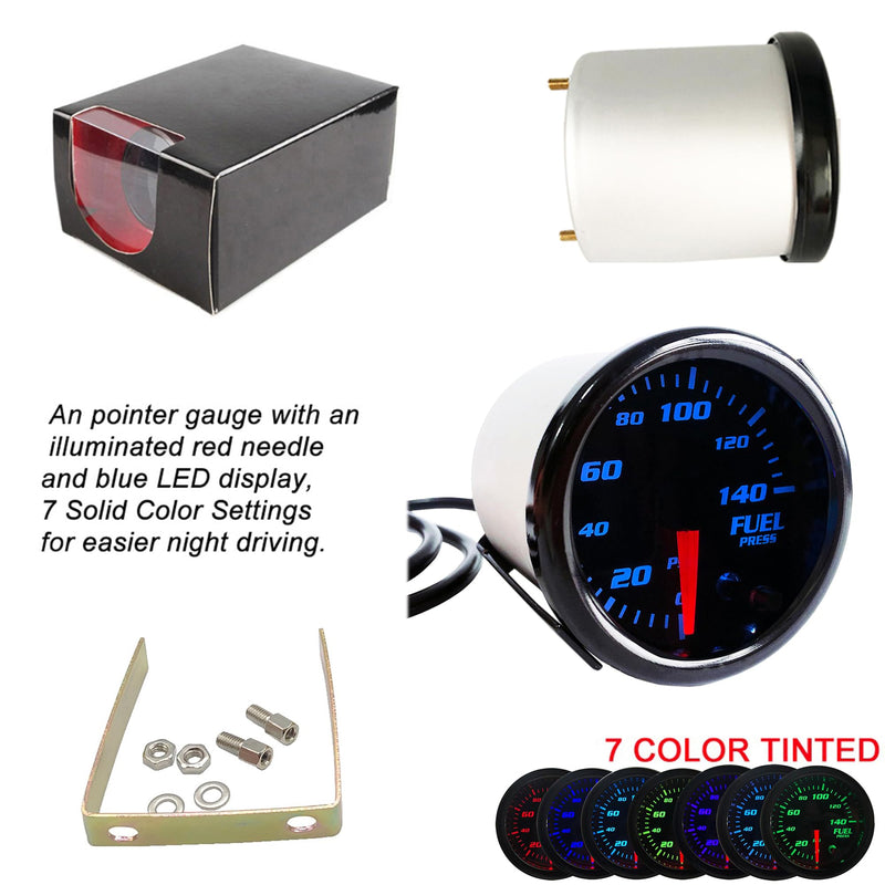 2-1/16" 52mm Fuel Press Gauge Tinted 7 Color 0-140 PSI Fuel Pressure Gauge Kit Includes Electronic Sensor