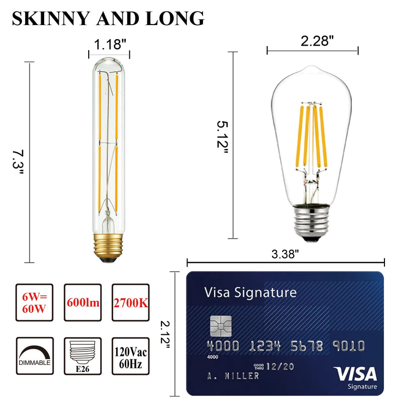 Arberlic 7.3 Inch T10 LED Bulb,6W Tubular Light Bulb Equivalent E26 led Bulb 60 watt dimmable,Warm White 2700K,600lm,CRI85+,AC120V,Clear Glass Long E26 Edison Bulb,Flicker-Free,Pack of 6 7.3 INCH 6W=60W Clear