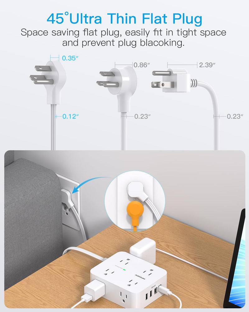 15 Ft Long Extension Cord with Multiple Outlets, Flat Plug Power Strip | Surge Protector, 1080J, 8 Outlets 4 USB Ports(2 USB C), Desk Outlet Extender, Wall Mount, Home Office Dorm Room Essentials 15ft White