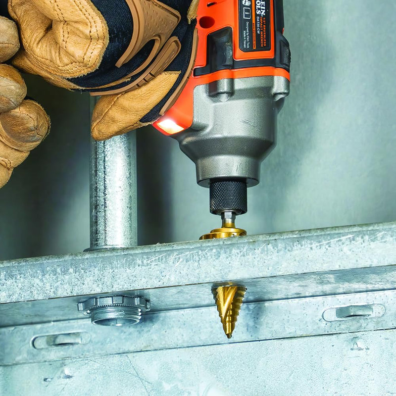 Klein Tools 25960 Step Drill Bit, 7/8 to 1-3/8-Inch, Spiral Double-Fluted, Cut Thin Metal, Plastic, Aluminum, Wood, 1/4-Inch Hex Shank, VACO