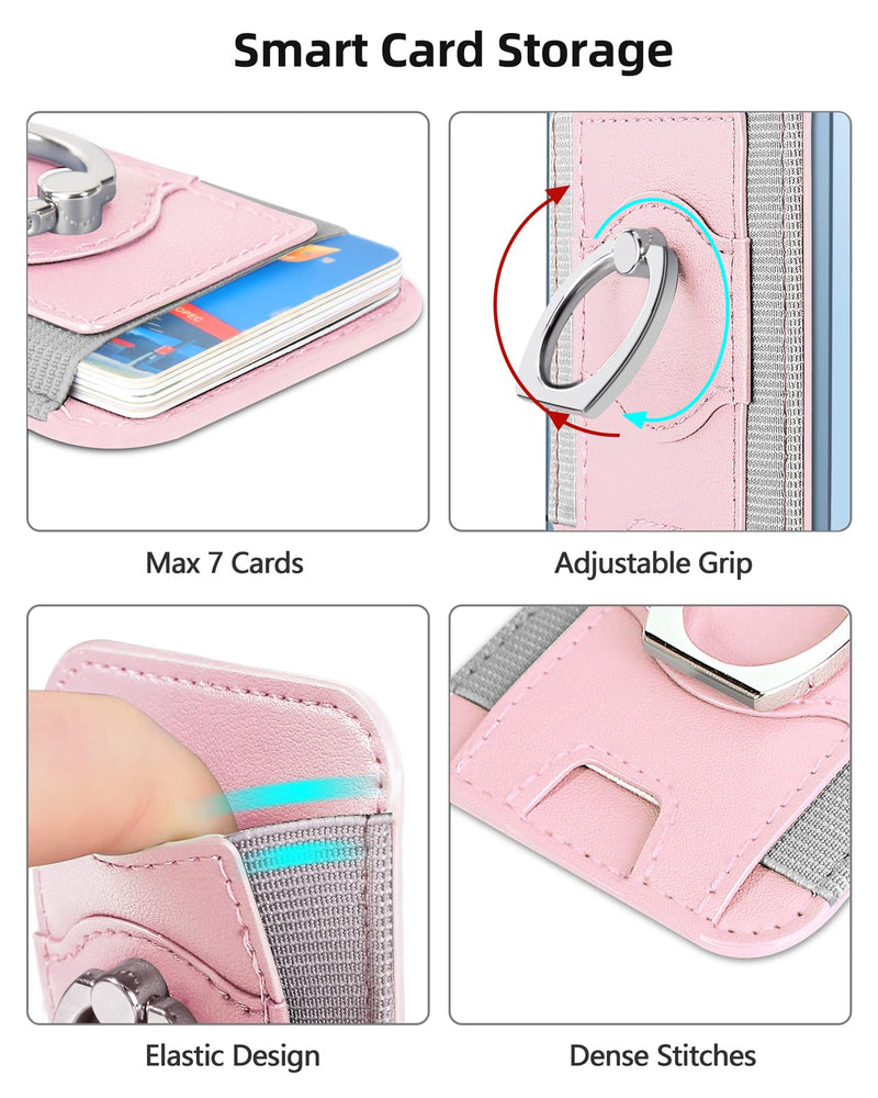 for Magsafe Wallet, Strongest Magnetic Wallet, for iPhone Wallet Magsafe with Ring Grip, Magnetic Card Holder Wallet for iPhone 15/14/13/12 Series, Vegan Leather, Fit 7 Cards, Pink