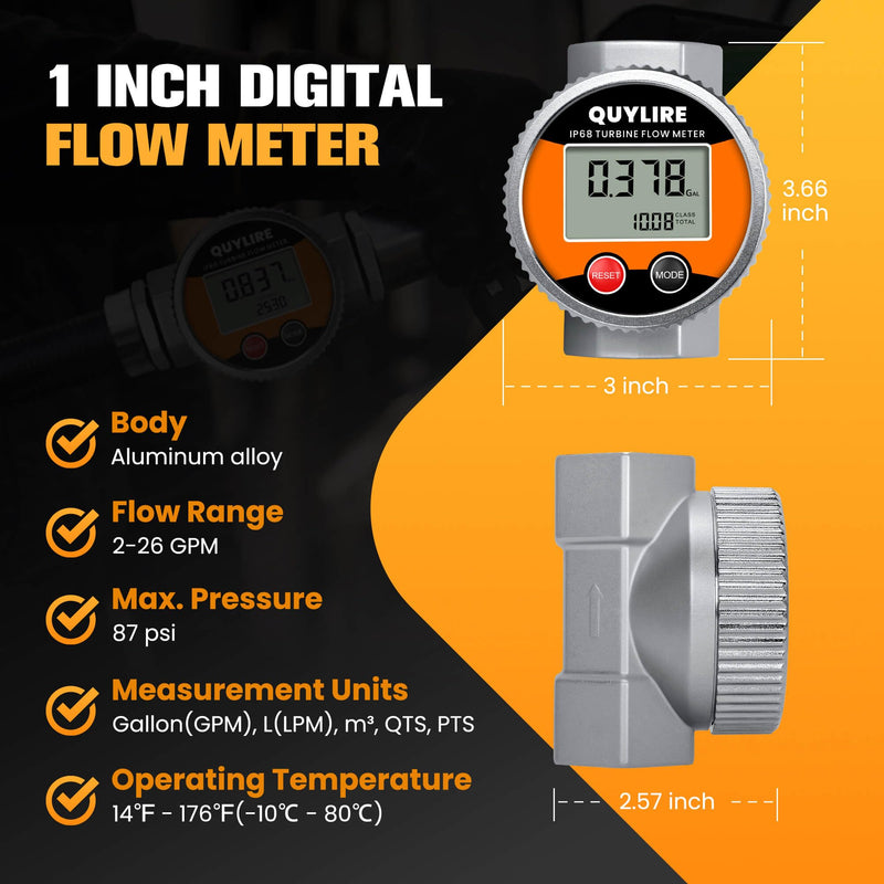 Waterproof 1 Inch Fuel Flow Meter with 3/4" NPT Adapter, 2-26 GPM Digital Inline Flowmeter for Hot/Cold Water, Diesel, Gasoline, Oil & Liquids, Supports Gallon, Liter, GPM, LPM, m³, QTS, PTS 3/4 & 1 inch