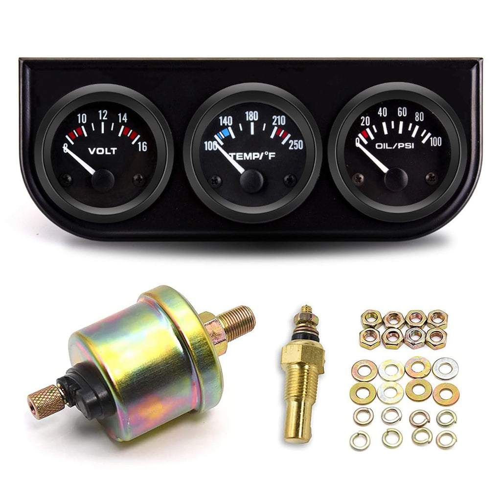 52MM/2" Triple Gauge Set (Volt Meter+Water Temperature+Oil Pressure Meter), Stainless Steel Auto Gauges 3 Set, 3 in 1 Gague Kit for 12V Automotive Cars Ship Truck Vehicle Boat Marine