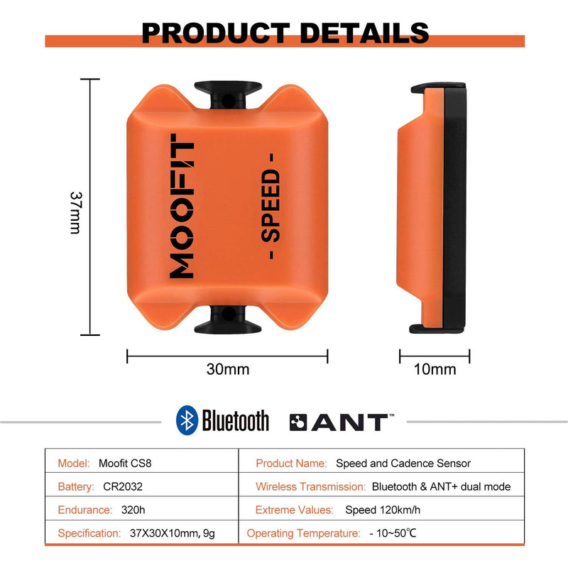 moofit Cadence Speed Sensor, Bluetooth & ANT+ Wireless RPM Cycling Spin Bike Cadence Sensor for Wahoo/Coosporide/Rouvy/Peloton, IP67 Waterproof, Orange Speed and Cadence Sensor