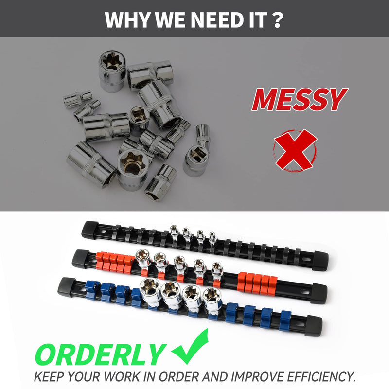 Socket Black Organizer Drive ABS Tools - Socket Holder, Premium Quality 3 Pieces Socket Holders Kit 3/8-Inch x 45 Clips（3PC,Black) 3/8" DR