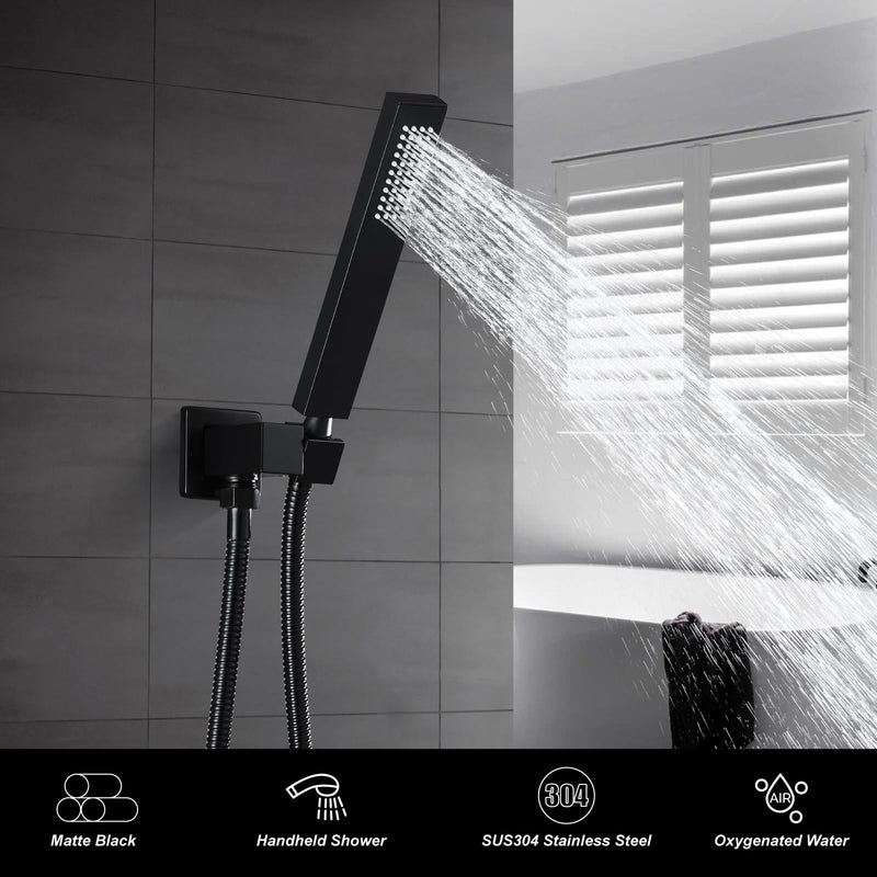 Heyalan SUS304 Stainless Steel Handheld Shower Wand High Pressure Luxury Shower Set High Flow Rectangle Hand Shower Spray with Wall Connector Holder and hose, Straight Style Matte Black