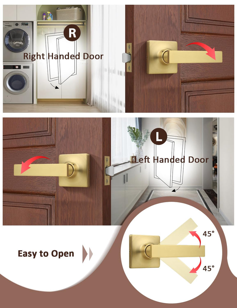 Mengico 1 Pack Passage Door Levers Gold Finish, No-Locking Keyless Square Door Knob, Interior Door Handles for Closet and Hallway, Reversible for Left & Right Handed