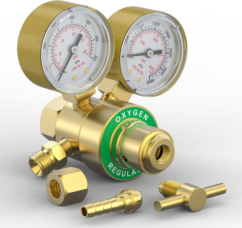 YESWELDER Oxygen Regulator CGA540, 0-4000PSI and 0-100PSI Welding Gas Gauges With 9/16"-18 Outlet Thread and 1/4" Hose Connector, T-Handle
