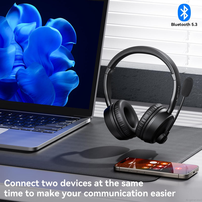 Bluetooth Headset with Microphone, 60 Hrs Bluetooth Headphones with Mic, Wireless Headset with Mic for Work/Meetings/Office/iPhone/Phone Calls/Call Center/Computer/PC/Teams/Zoom/Podcast/Skype/WebEx Black